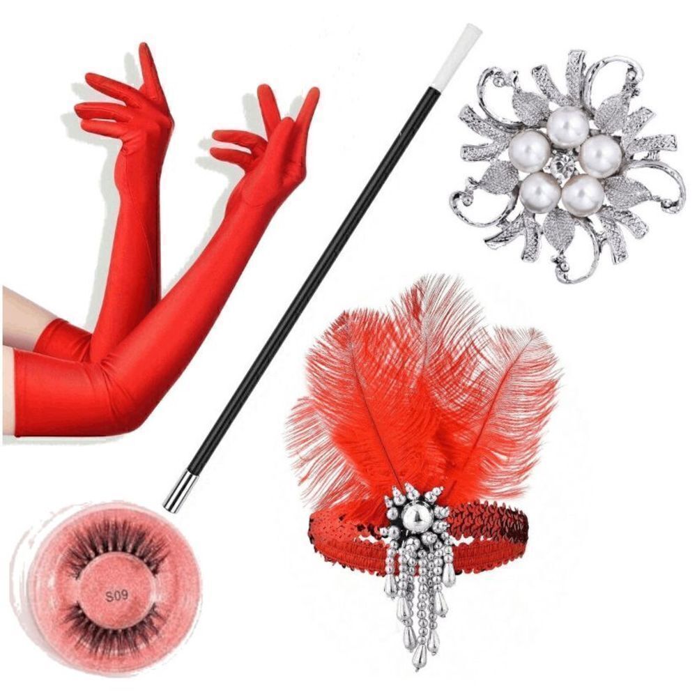 ❤️✨ 5PCS 1920s Red Accessories Flapper Great Gatsby Retro Costume Set NEW